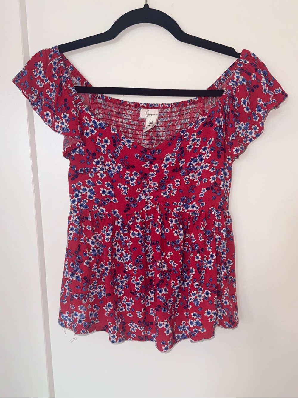 Japna Red Floral Square-Neck Smocked Blouse